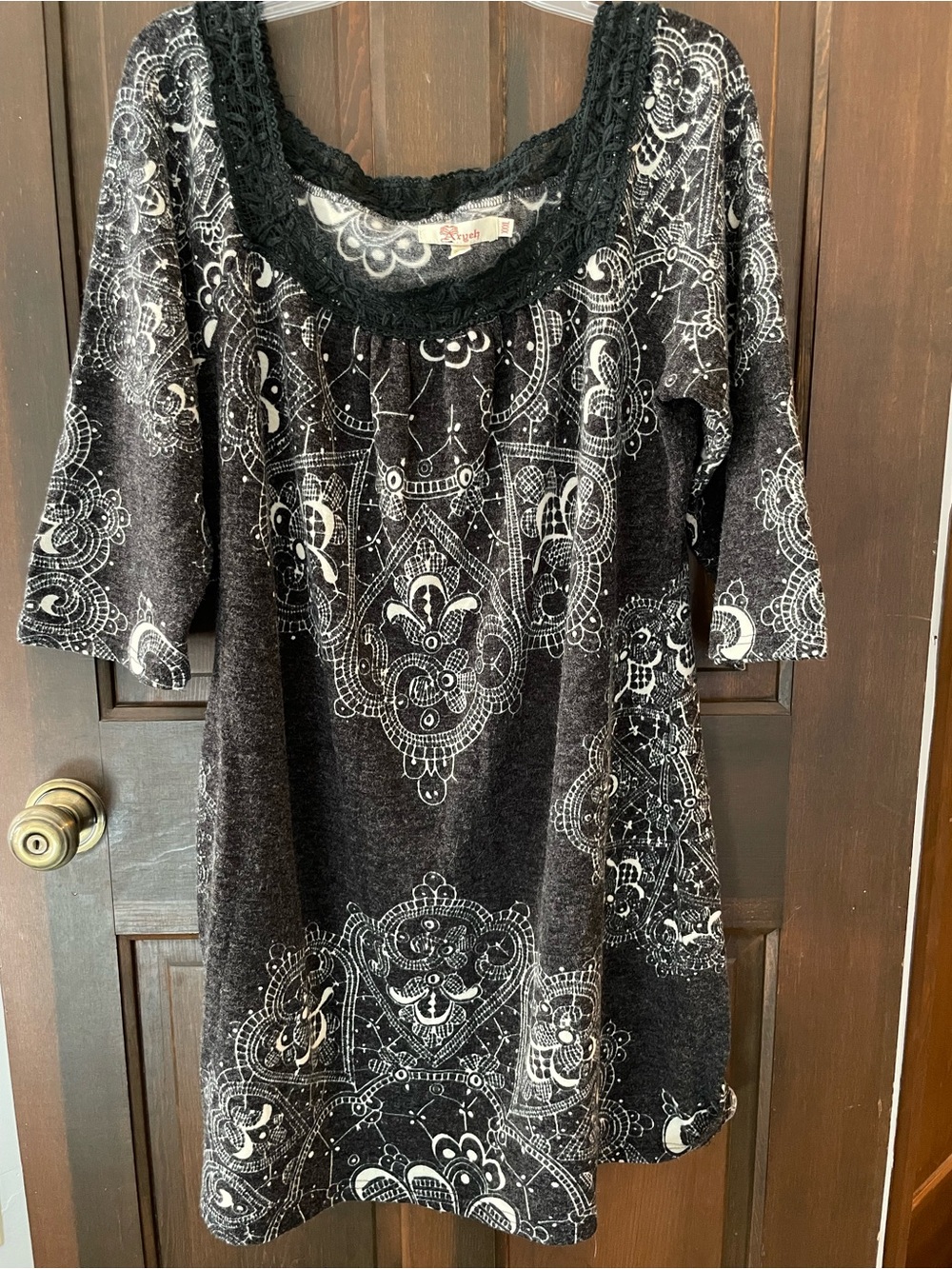 Aryeh Black Tunic with White Ornate Medallion Print and Lace Trim